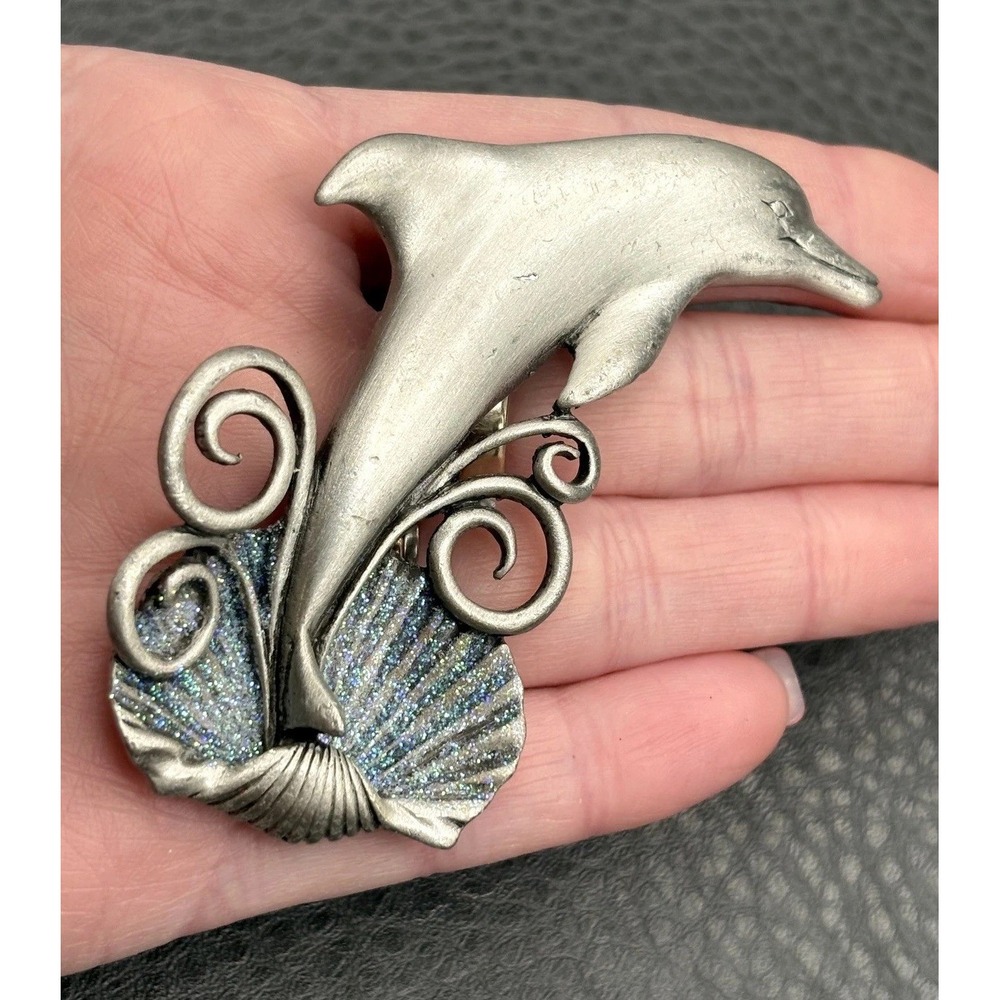 JJ Jonette Pewter Dolphin & Seashell Brooch Pin with Glitter Enamel Accents
